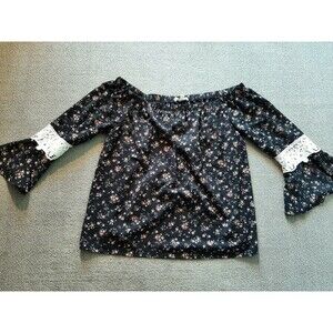 G Collection Women's XL Blue Floral Top Blouse Shirt Stretch Neck 3/4 sleeve